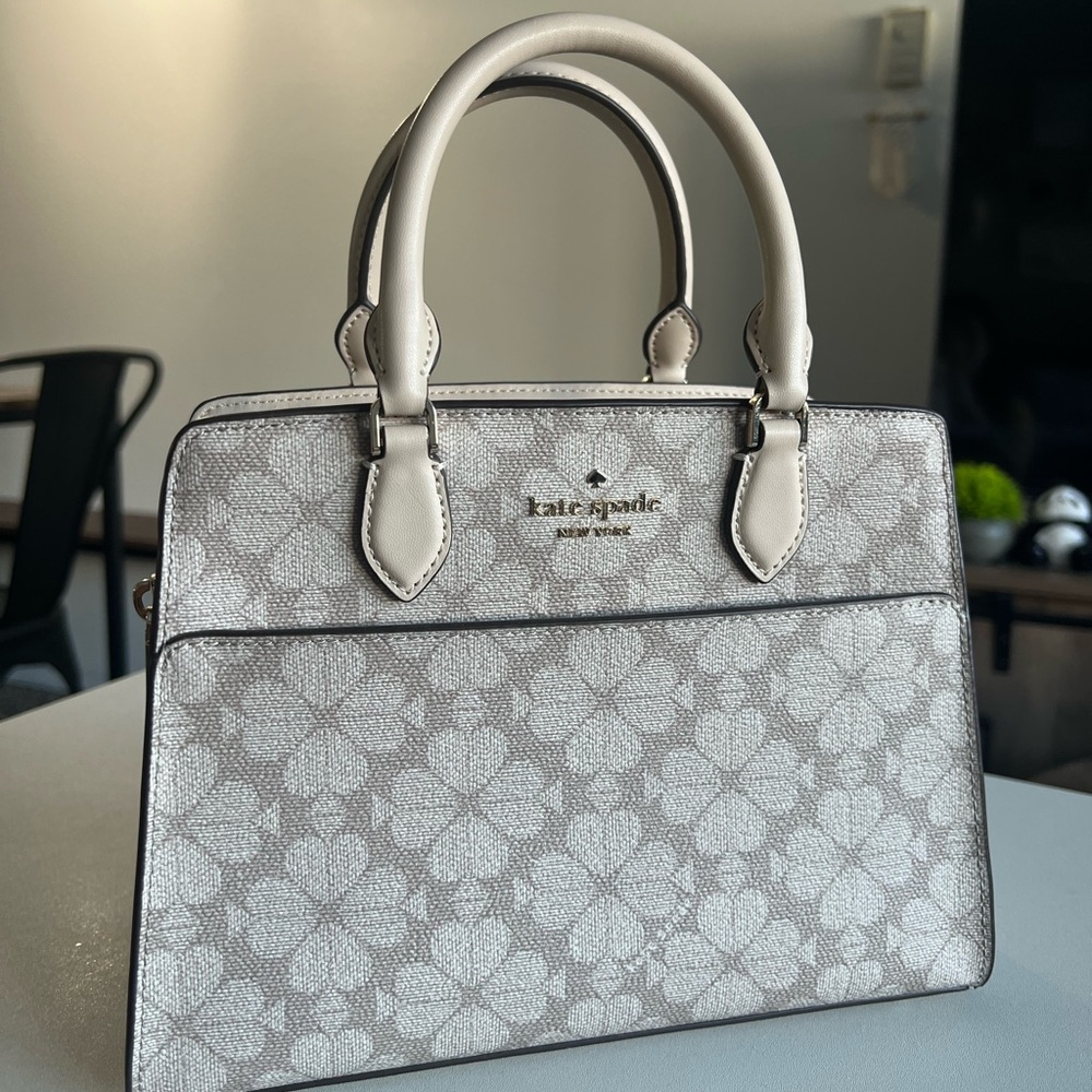 kate spade Cream and Light Gray Floral Logo Satchel Small